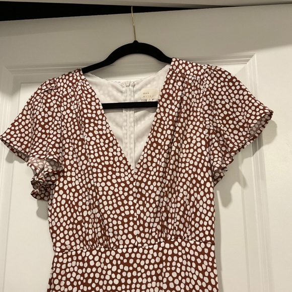 Brown and white polka dot, smocked maxi dress, short ruffle sleeve, v-neck - Picture 3 of 3